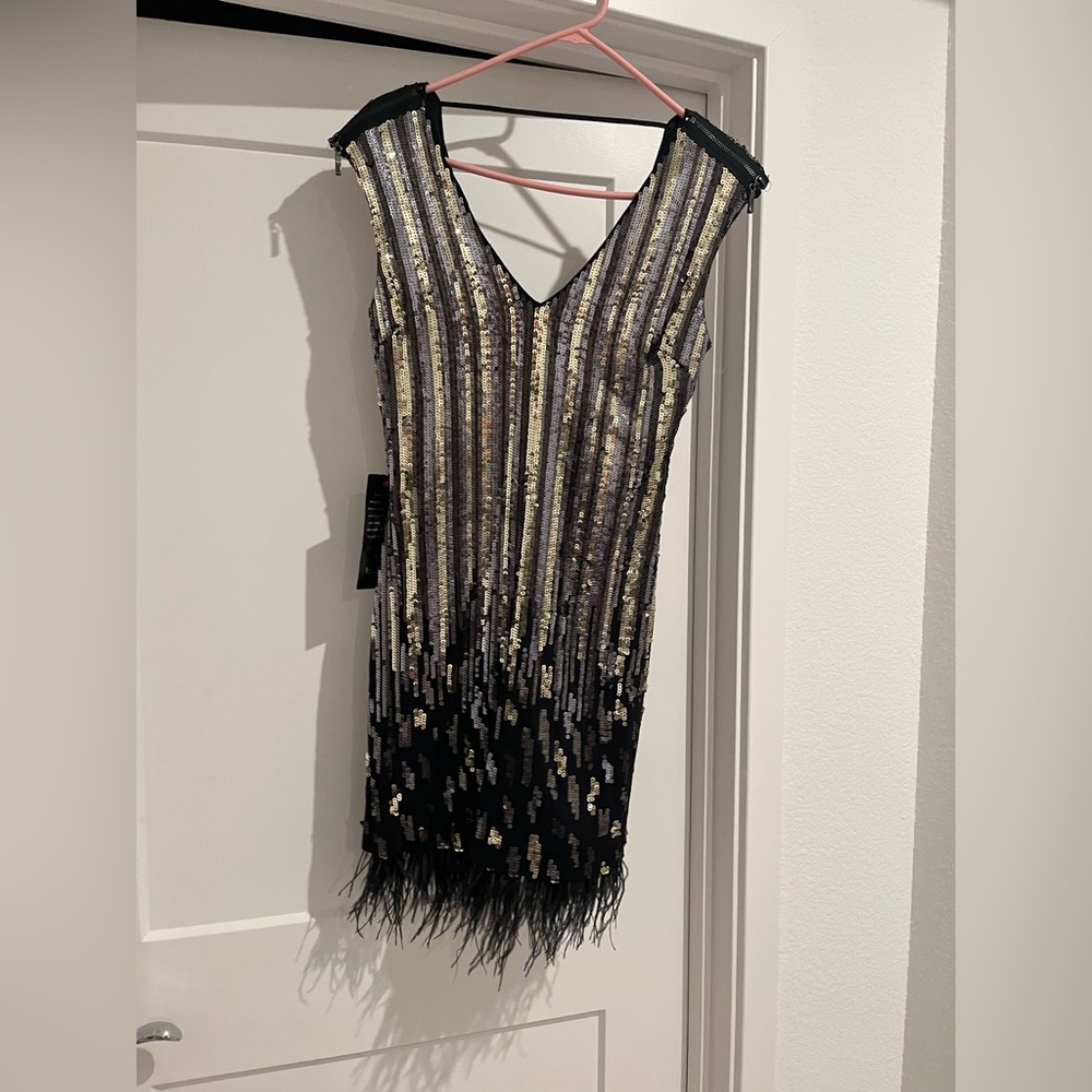 Bebe sequin feather dress small NEW NYE
